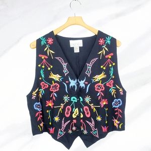 Vintage Pier 1 Imports Vest Colorful Embroidery Sequins Floral Black Red Blue